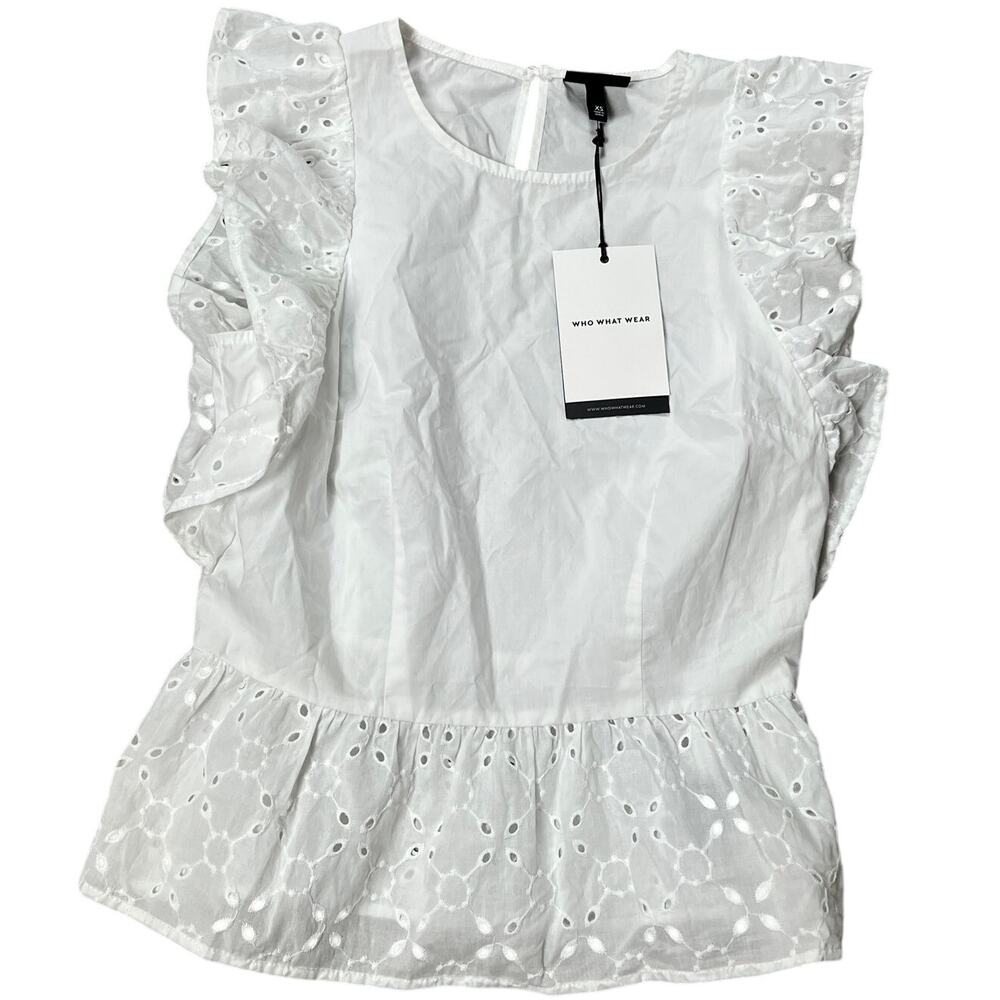 Who What Wear Women's White Eyelet Flutter Sleeve Tank Top - Size XS - NWT